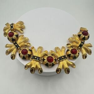 Fendi 1980s 18kt gold plated red glass cabochons black enamel runway bracelet